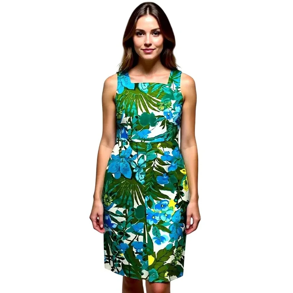Talbots Petites Blue‎ Green Tropical Floral Square Neck Sheath Dress 8P